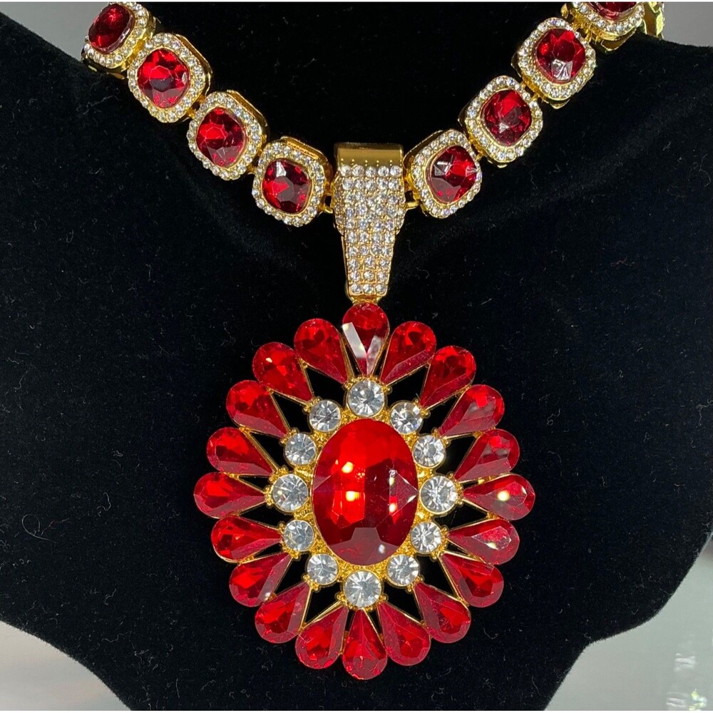New Ruby Red Starburst Necklace Pendant 20“ Cubic Zirconia CZ Women Statement